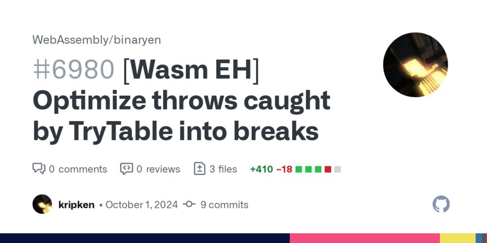 [Wasm EH] Optimize throws caught by TryTable into breaks by kripken · Pull Request #6980 · WebAssembly/binaryen