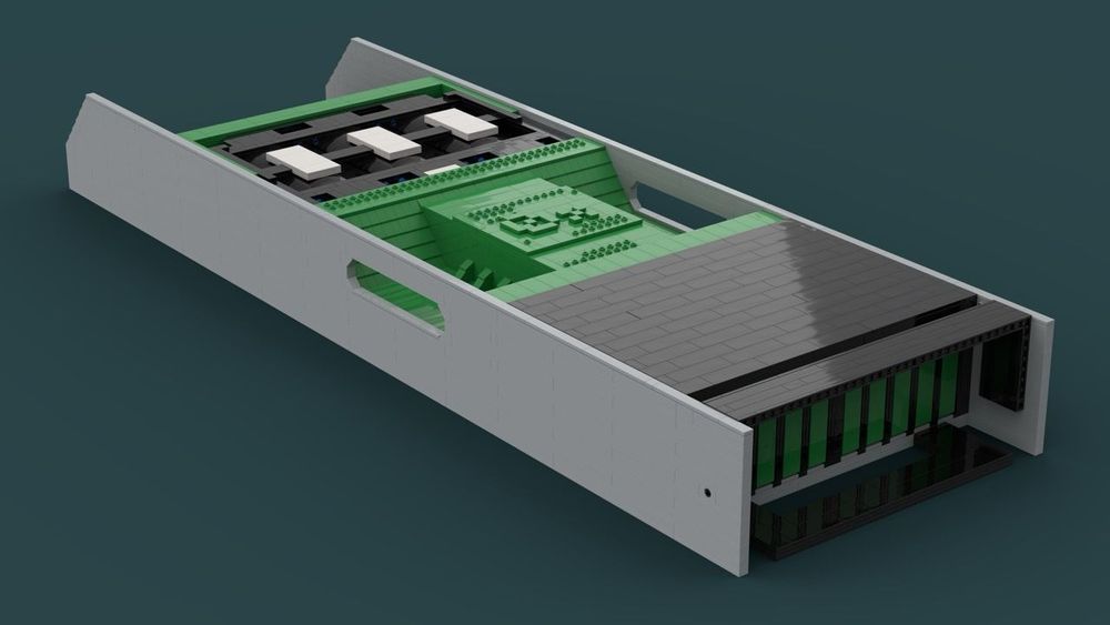 LEGO Studio creation of Oxide Gimlet assembled server hardware components showing green fan shroud, front ssd bays, fans, and gray chassis parts.