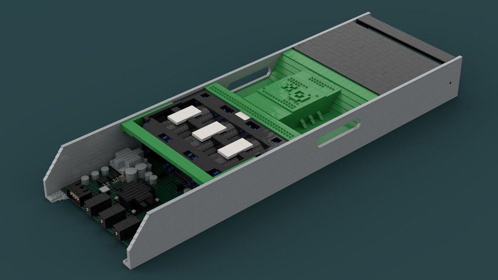 LEGO Studio creation of Oxide Gimlet assembled server hardware components showing green fan shroud, front ssd bays, fans, and gray chassis parts. Rear view.