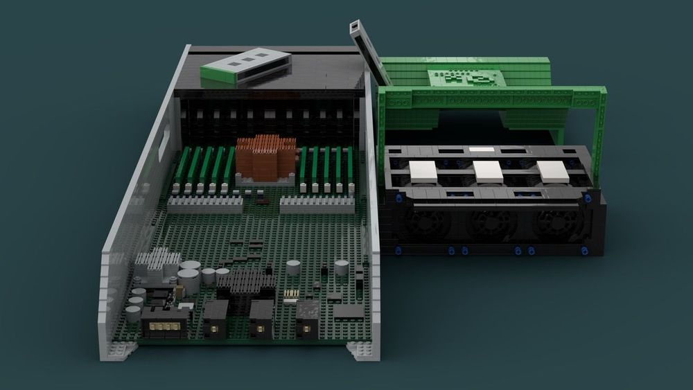 LEGO Studio creation of Oxide server hardware components showing green circuit boards, gray chassis parts, and various electronic modules arranged to display internal architecture
