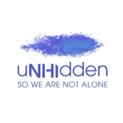 Logo for uNHIdden, a mental health org specifically aimed at NHI experiences. Logo has white background with a purple cloud, purple text including “so we are not alone”. 