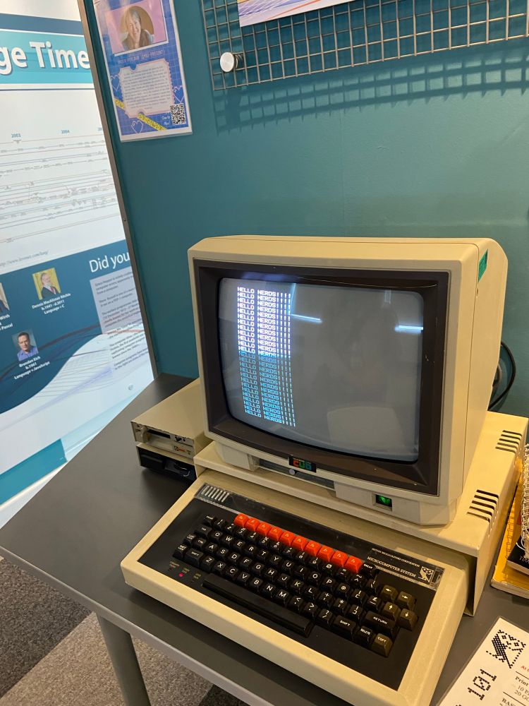 A BBC Micro printing “HELLO NERDS!!!!” forever