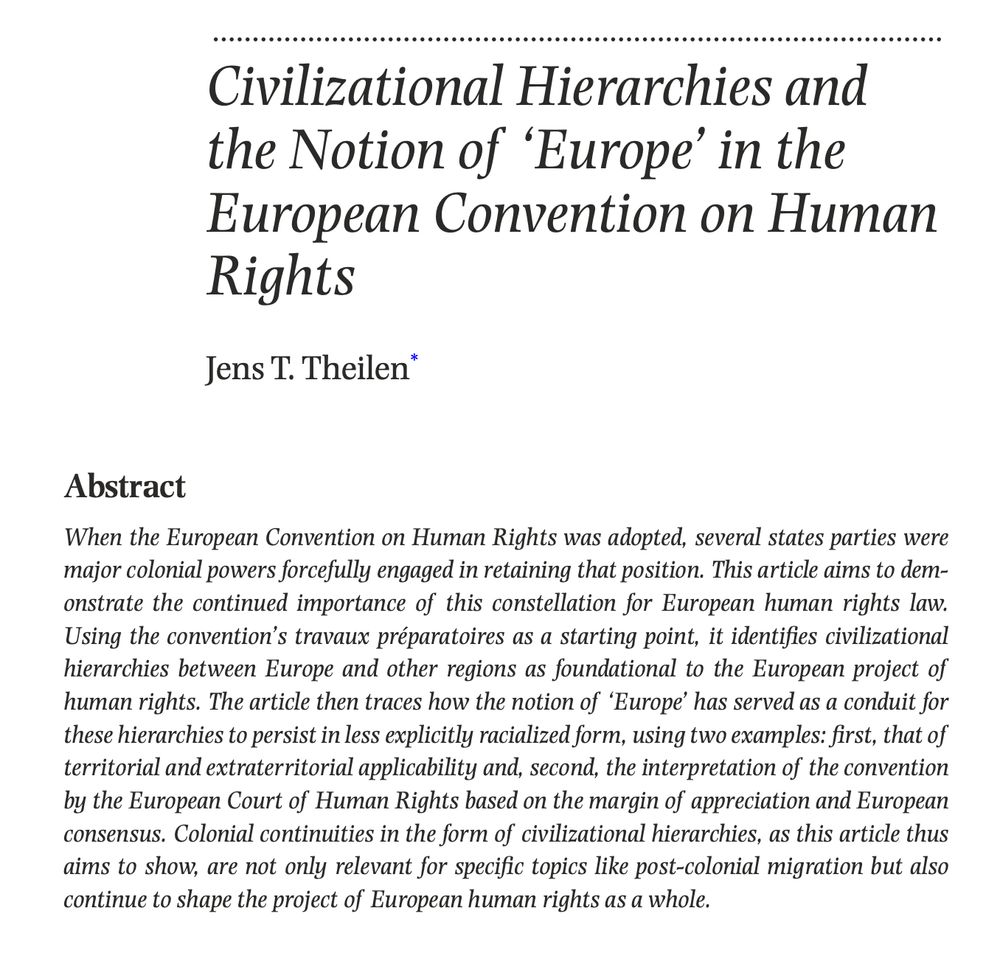 A screenshot of the title (“Civilizational Hierarchies and the Notion of ‘Europe’ in the European Convention on Human Rights”) and abstract of the paper available at the link above 