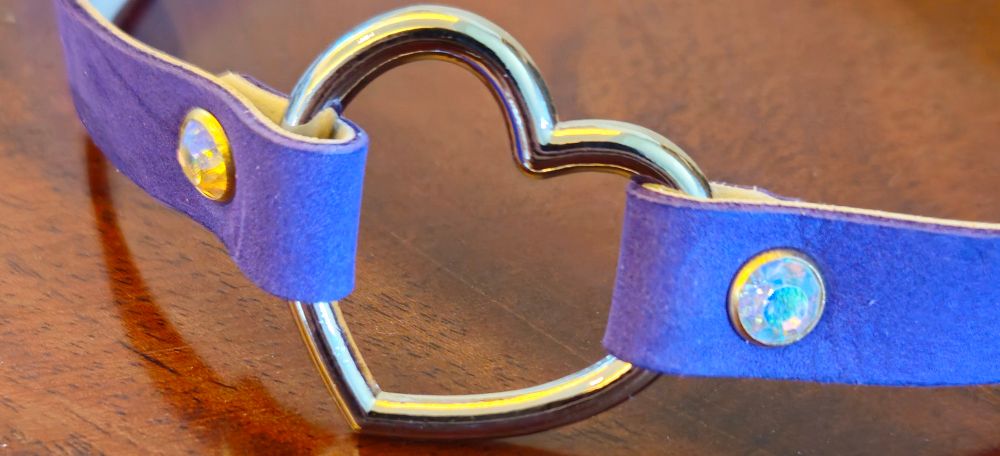 A close-up of the heart choker, revealing gem rivets