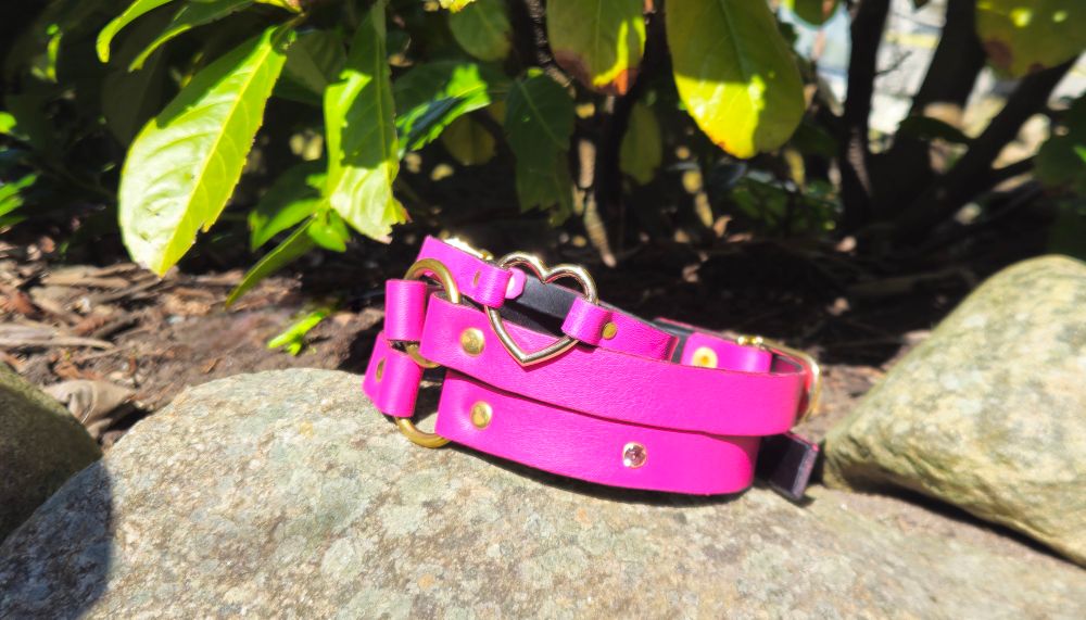 A stack of pink collars: two O-ring and one heart-ring-collar on top of a rock