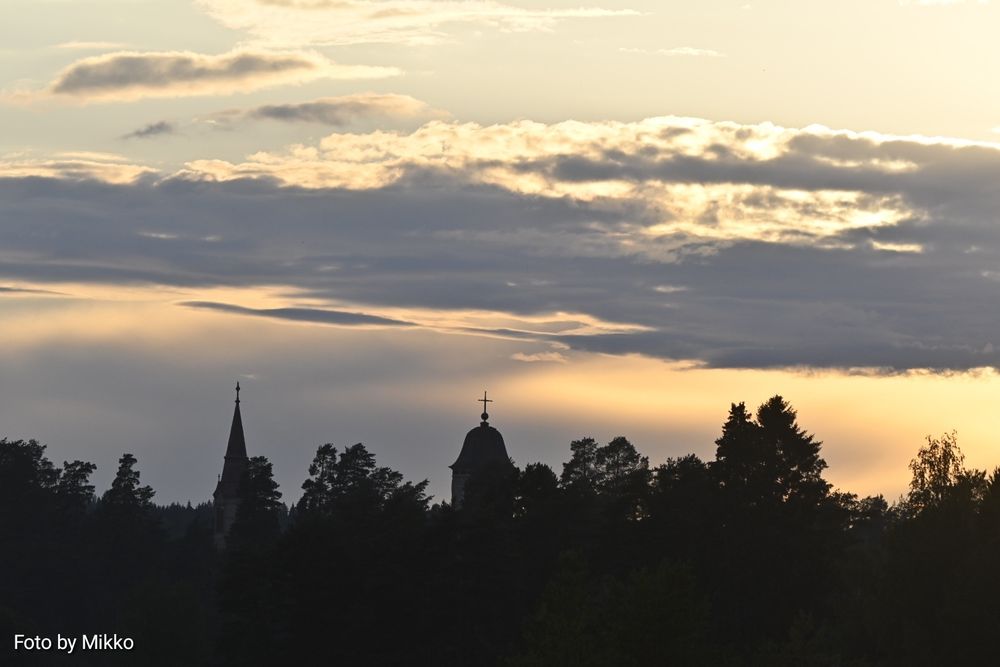 Silhouette of trees and church building tops