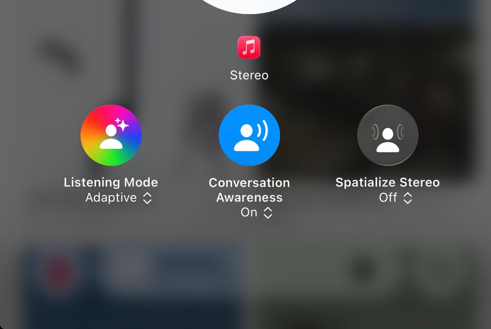 airpods control center setting icons. the listening mode icon is a rainbow when adaptive mode is enabled, while conversation awareness is blue (enabled) and spatialized stereo is transparent (off)