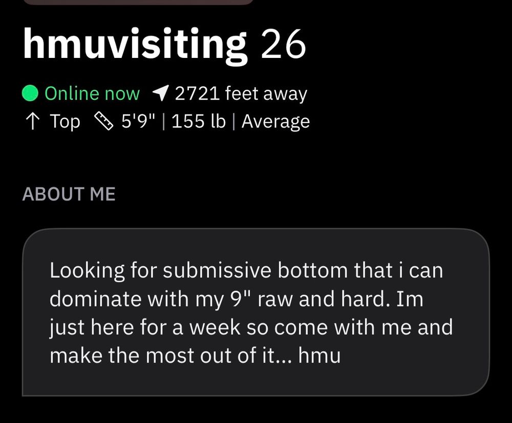 A grindr profile for someone with the handle "hmuvisiting", supposedly age 26, supposedly top, supposedly 5'9" and 155lbs.  Profile text reads: "Looking for submissive bottom that i can dominate with my 9" raw and hard. Im just here for a week so come with me and make the most out of it... hmu"