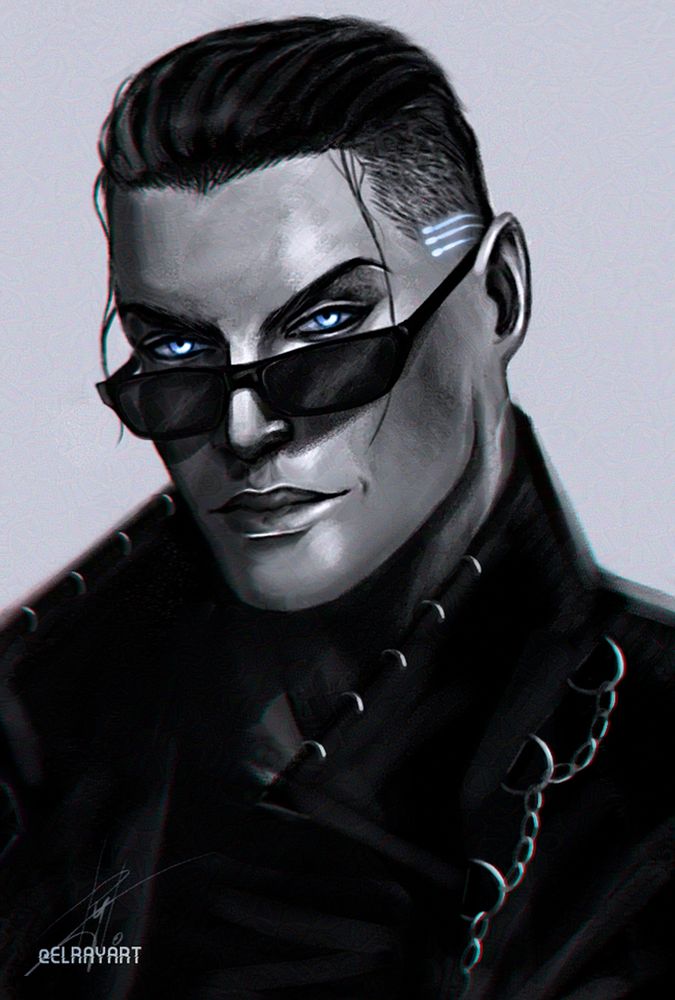 Deus Ex fan art. Black and white portrait of the main male protagonist JC Denton. A brunette with an undercut hairstyle, with neon stripes on his temples, luminous azure eyes that are protected by sunglasses. He is wearing a coat with a wide collar on which accessories shine with steel.
