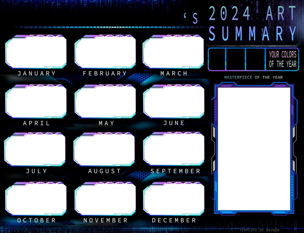 2024 art summary template in the cyberpunk/sci-fi style №1 (in black and cool blue neon colors)