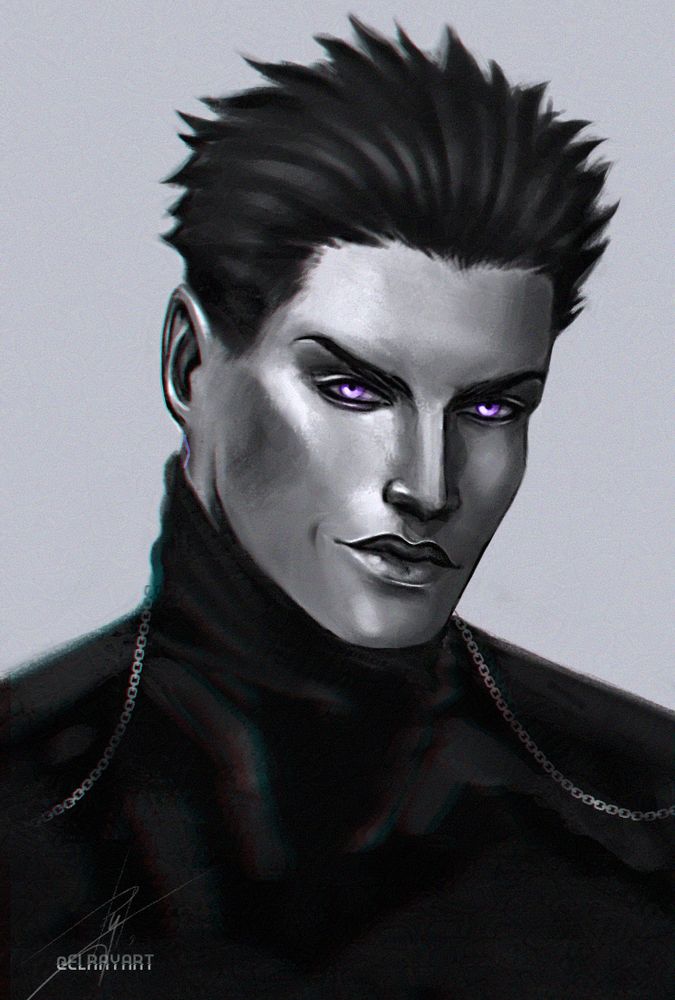 Deus Ex fanart. Black and white portrait of the main male protagonist Alex Denton. A guy with a long crew cut hairstyle, glowing amethyst eyes, and a black sweater with small chains hanging from his shoulders. There's a malicious smile on the guy's face.