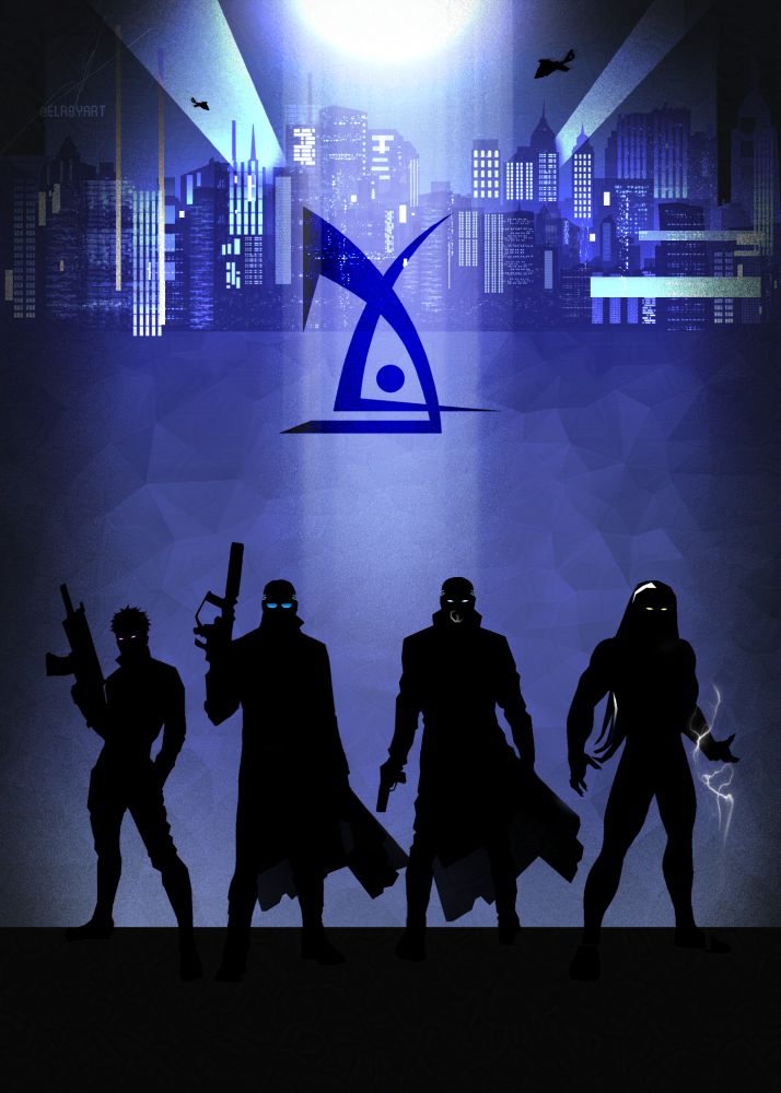 Minimalistic book cover in black and dark purple tones. There are four male silhouettes in the foreground. Three of them have firearms. The fourth one has static electricity sparking in his fist. In the background, there is a digital void and broken pixels that represent the sea (the flow of information), and a brightly lit metropolis with helicopters flying over it. In the center is the official Deus Ex 2000's logo.