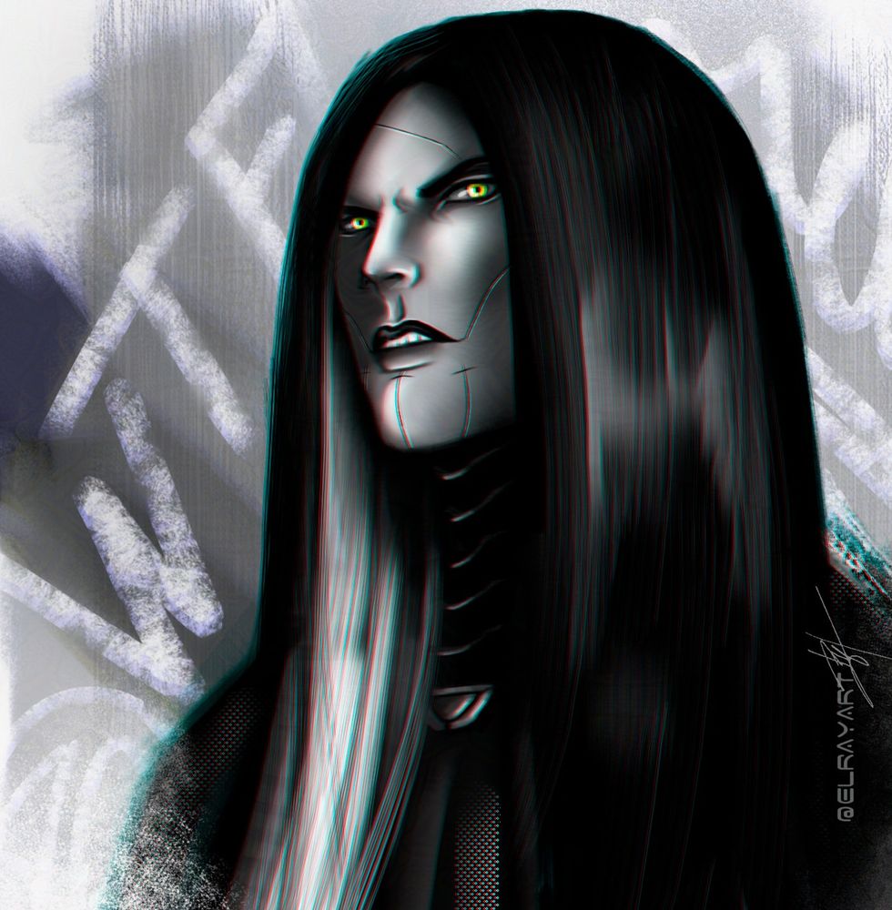 B&W portrait of a original male character. A long-haired, yellow-eyed guy with an angry expression on his face. Three large letters WTF are written on the background next to him.