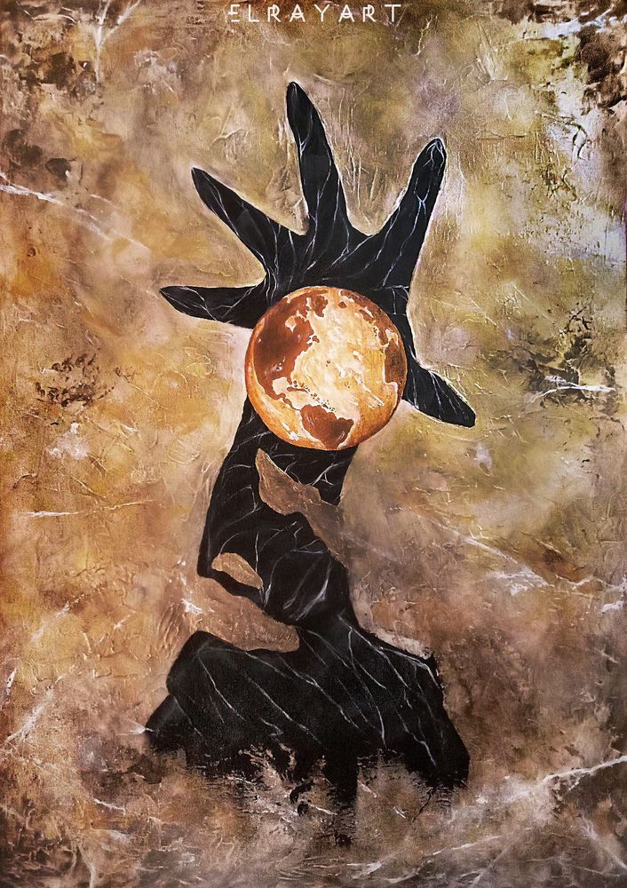 Traditional abstract fanart. A black marble hand with outstretched fingers dangled menacingly over a globe the color of precious gold, which is turned by the western hemisphere. The hand is positioned on a gold leaf background.