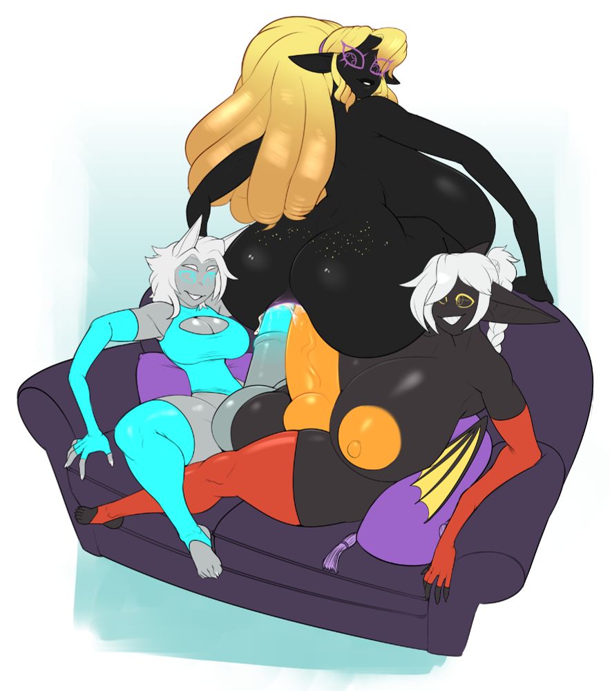 Queen Inanis sits on top of the back of a loveseat, double anally penetrated by both Roxy and Azotus, with the former on the right and the latter on the left