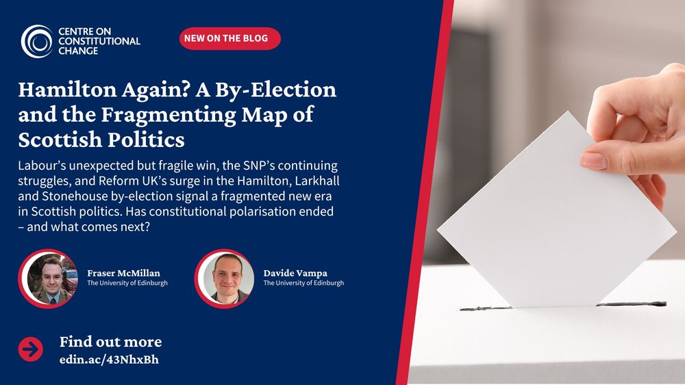 Text reads: Hamilton Again? A By-Election and the Fragmenting Map of Scottish Politics. Labour’s unexpected but fragile win, the SNP’s continuing struggles, and Reform UK’s surge in the Hamilton, Larkhall and Stonehouse by-election signal a fragmented new era in Scottish politics. Has constitutional polarisation ended – and what comes next?
