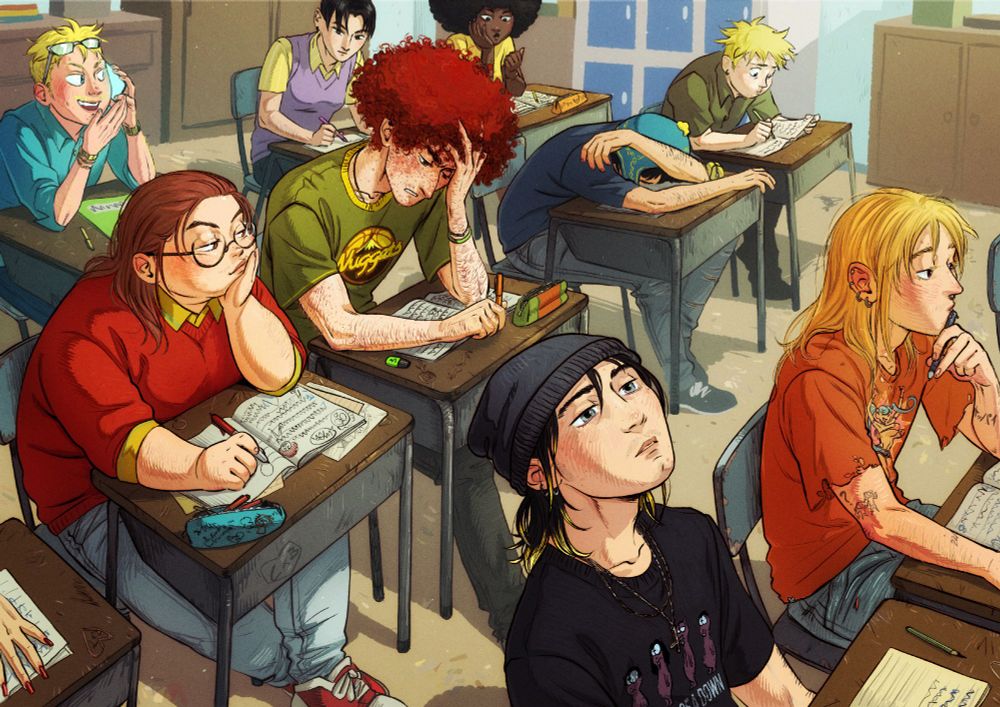 Many of the South Park Elementary kids, aged up to be in their late teens, attending class in high school. Stan is zoning out, Kenny is trying to stay focused, Kyle is clearly irritated and distracted, while Cartman is sideglancing him while doodling in his notebook. Craig is asleep while Tweek is scribbling nervously, Butters is on the phone likely selling some scam, while Wendy is taking proper notes and Nichole is seemingly bored.