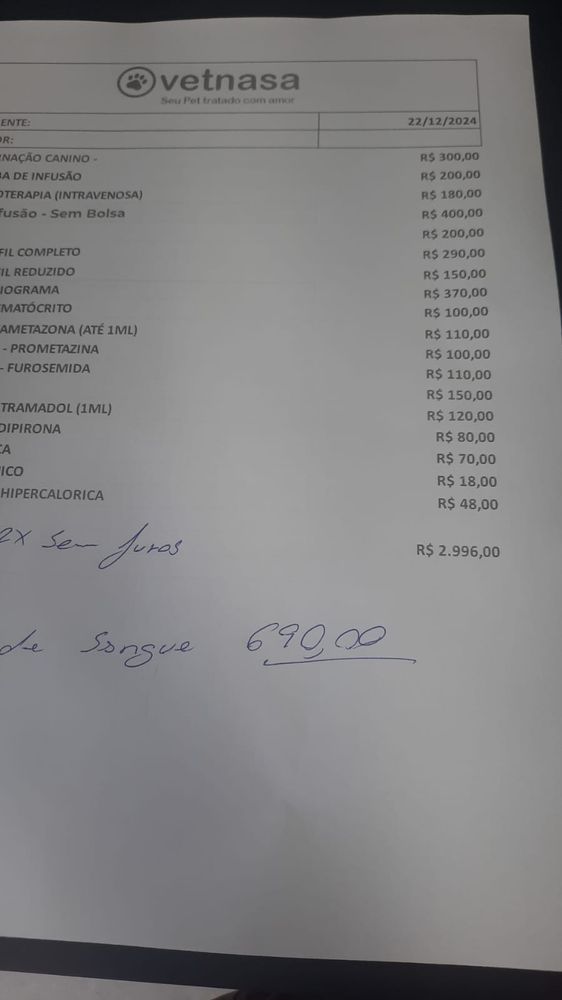 Foto da lista de exames e despesas do primeiro dia de internacao. 3600 reais. 