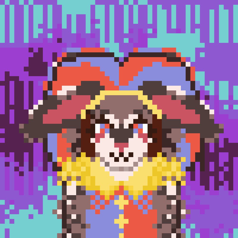 pixel art portrait of an anthropomorphic character wearing a jester hat