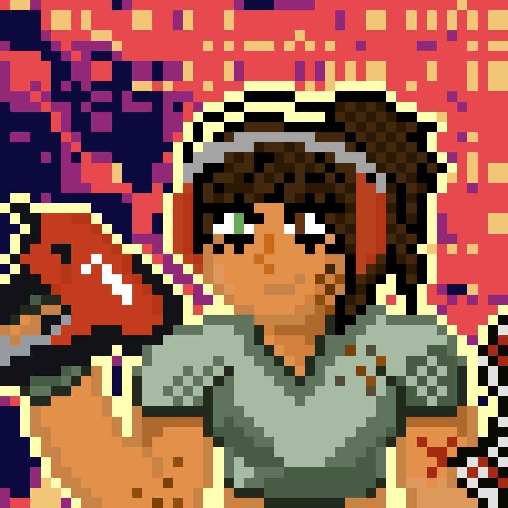 pixel art portrait of a woman holding a nail gun
