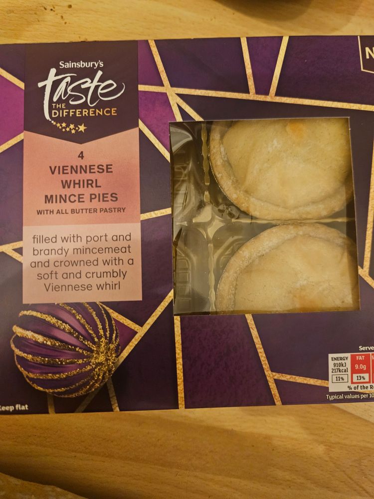 A box of  Sainsbury's Taste the Difference Viennese Whirl Mince Pies