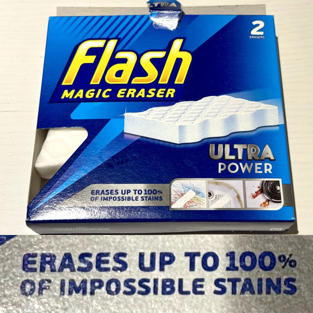 Flash Magic Eraser packet, tagline: Erases up to 100% of impossible stains.