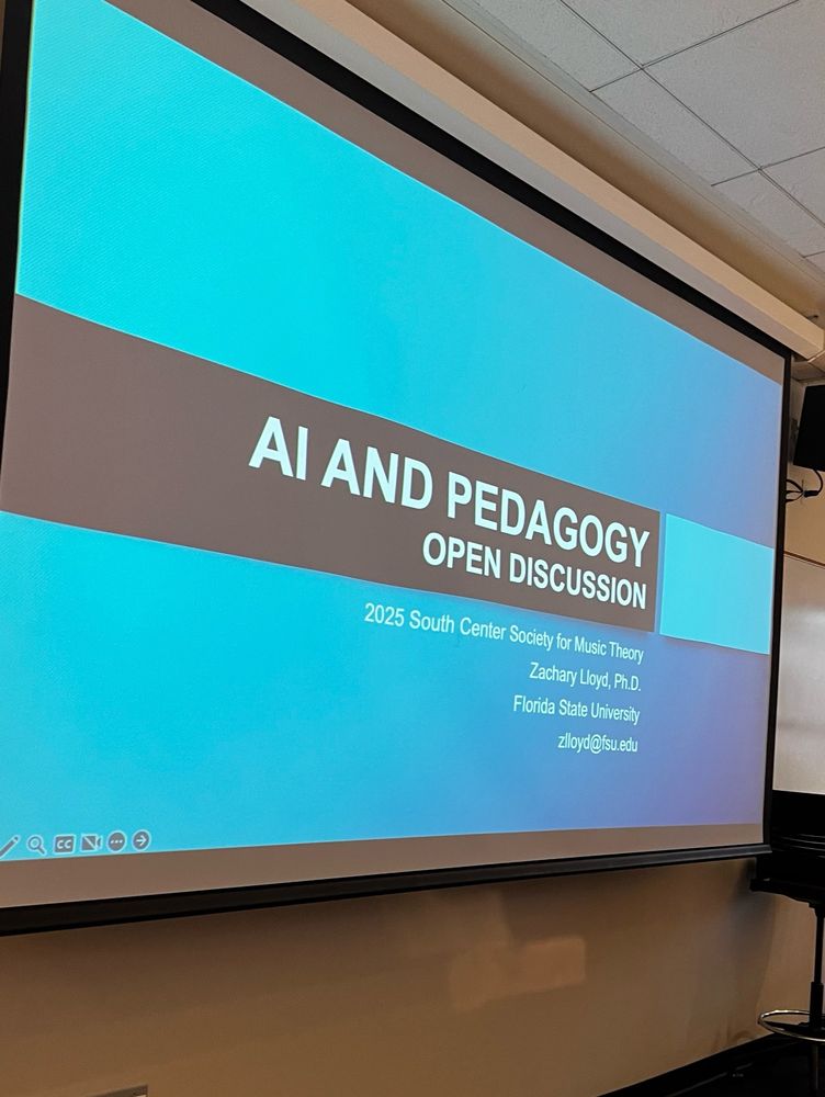 PowerPoint title slide, “AI and Pedagogy - Open Discussion” with facilitator’s information.
