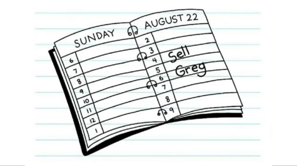 An illustration from diary of a wimpy kid that depicts a planner book that has "sell Greg" written in it