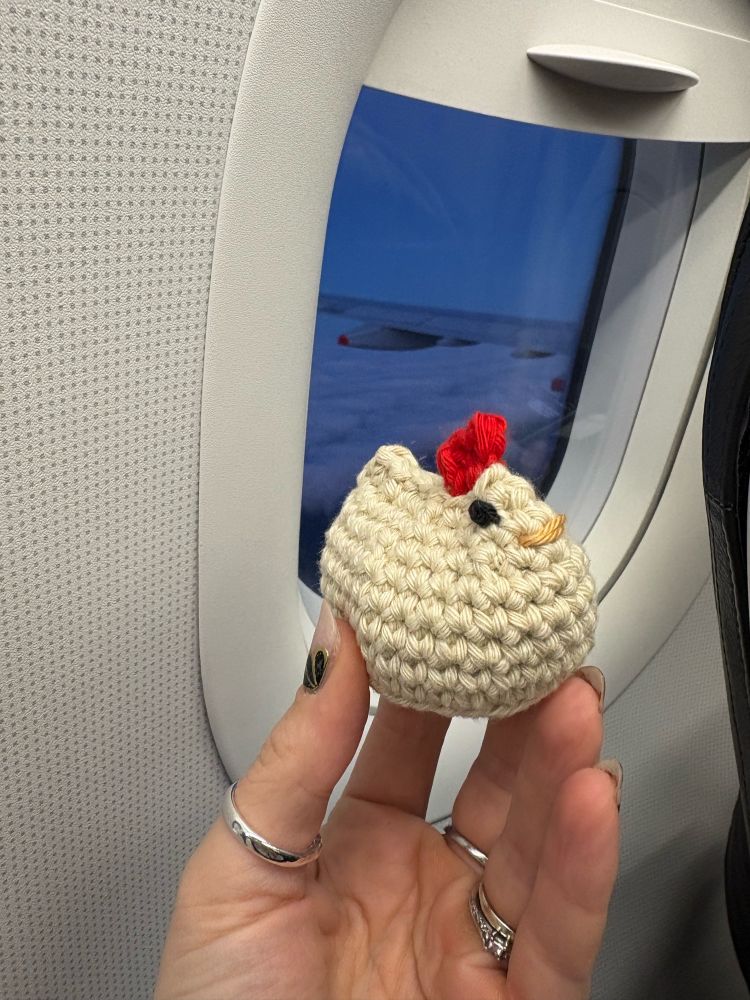 Small cream coloured crocheted chicken being held up by an airplane window flying through the clouds