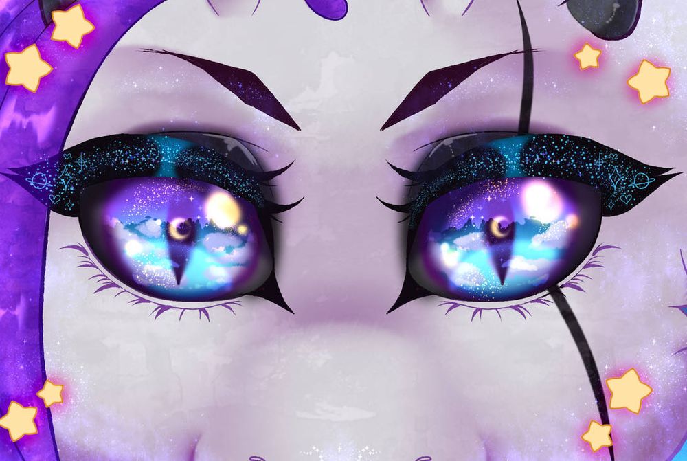 Beautiful glitter eyes surrounded by stars with a reflection
