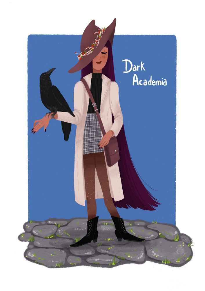 A witch with a super long dark purple plum hair, wearing a long creamy coat with a black turtle neck sweater and a grey tartan mini tube skirt. She is wearing dark tights with a black kind of victorian era boots. She has a pointy tiny brown hat with red berries and with branches matching with her brown bag. Her familiar is a black big raven. 