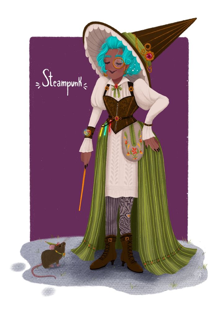 A Steampunk Witch, she is wearing brown corset with straps, white puffy long sleeve shirt with a green bow and a red crystal as a decoration in the neck. She is also wearing a brazalet with lights in the right hand. She es also wearing a 2 piece skirt, one with short one that u can only see from the front, and a gren long one that goes around but doesn't close in the front. She have also a detachable pocket in the left, decorate with red flowers and green and golden leaves. She is wearing a belt with 3 colourful vials. She is wearing a striped stocking in the right and a prosthetic ornate leg in the left  she is also wearing a pointy hat that match the corset. She has a blue wavy victorian style hair. She has a wand, that is pointing to her familiar: a round brown rat with a hat that matches her outfit.