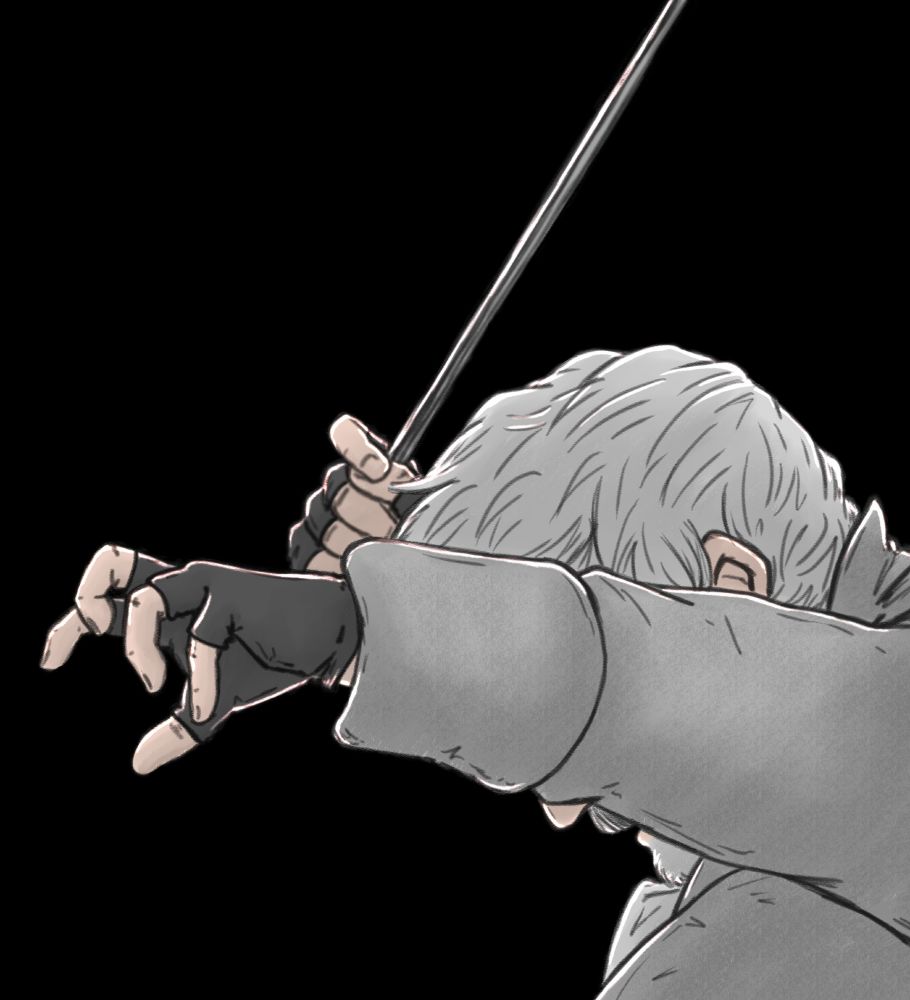 Ned Low in profile, arms raised like a conductor. His left arm is obscuring most of his face, his right arm is holding his bow like a conductor wand. 