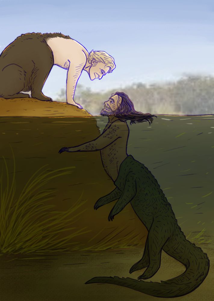 Side view half above water and half under. Stede is a black bear creature with a human torso, standing on the edge of the bank, leaning down towards the water. Ed is an alligator creature with a human torso, his head above the water and smiling up at Stede, his gator half floating in the water. 