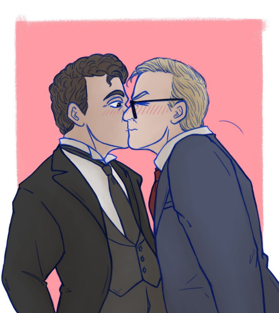 Wadsworth and Mr. Green from Clue. Mr. Green has leaned in and kissed Wadsworth, eyes closed and blushing. Wadsworth looks surprised, eyes open and also blushing. 