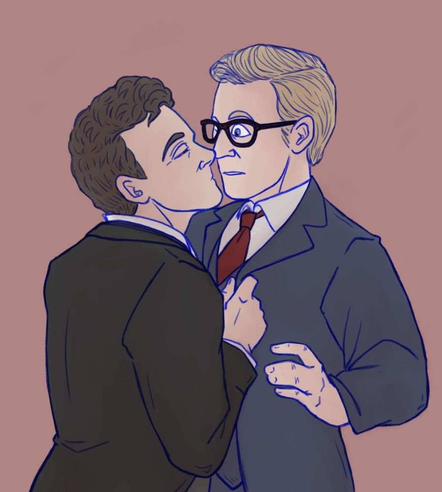 Wadsworth and Mr. Green from Clue, standing facing each other. Wadsworth is pulling Mr. Green by his labels, leaning in for a kiss. Mr. Green looks startled. 