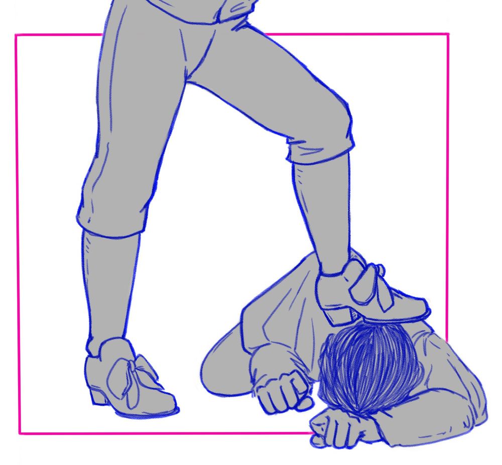 Izzy is on the floor, head down, one arm braced in front of him, the other braced next to him. Stede stands over him in breeches, stockings, and heeled shoes, one foot on Izzy’s head.