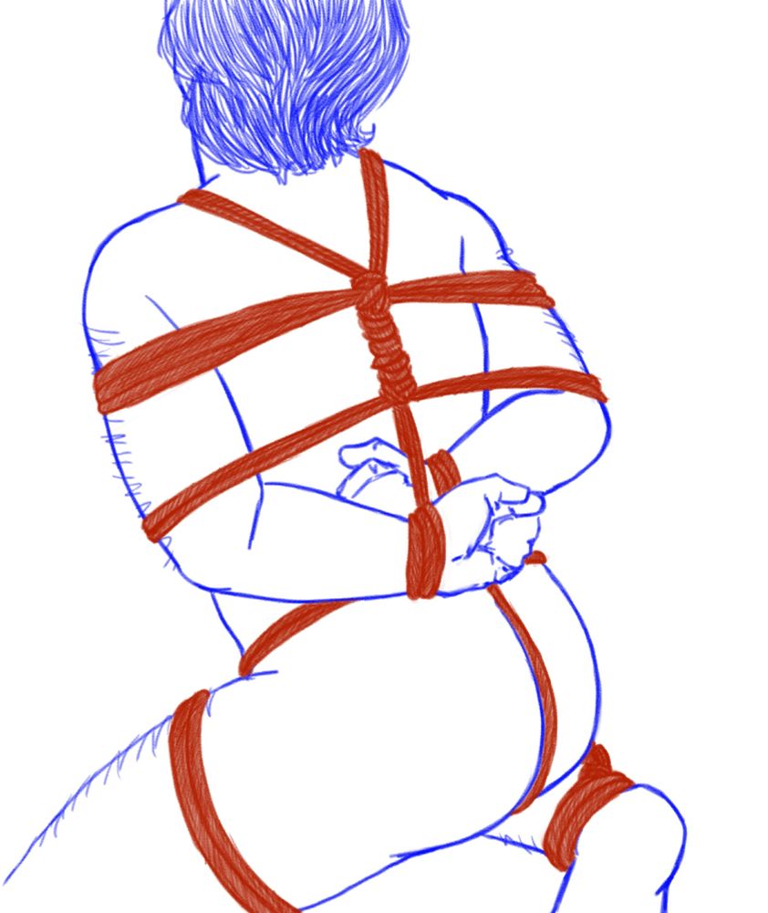 Izzy kneeling and facing away. He has a rope harness going down from his shoulders, binding him at the arms with his wrists together at the middle. The ropes continue over his hips, down his ass, and around his thigh and ankle.