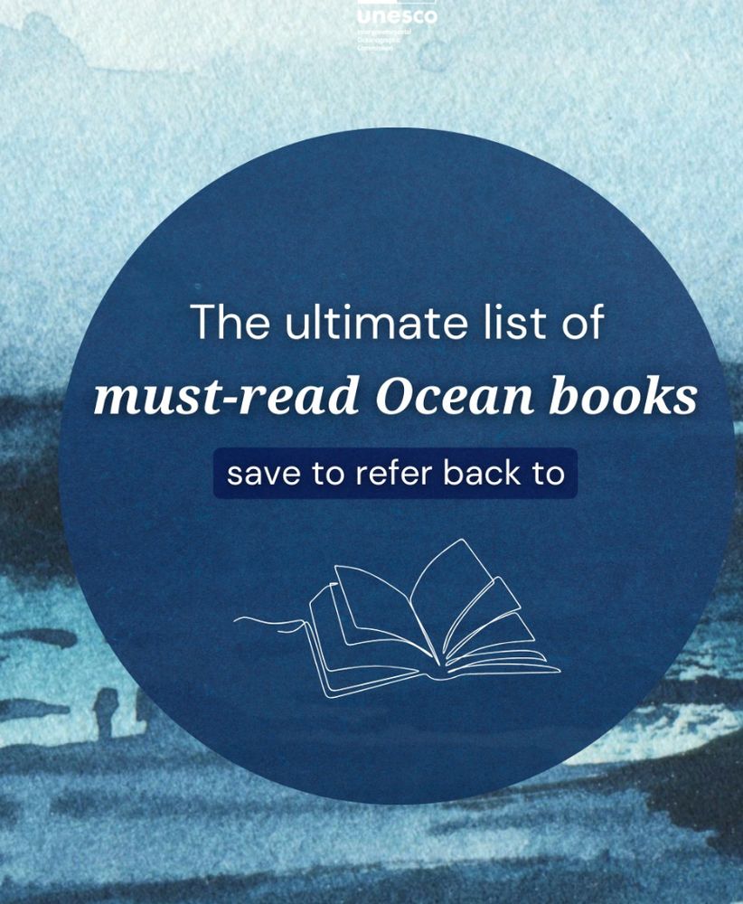 A blue circle on top of an ocean/coastal background, with a line drawing of an open book. Text reads: The ultimate list of must-read Ocean books. Save to refer back to. 