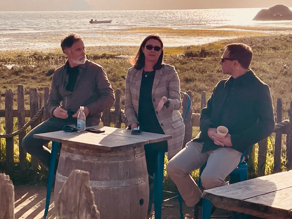 Photo shows from L to R: Terry Sawyer, co-founder of Hog Island Oyster Company, Tessa Hill, and Eric Simons, at our book launch event in Tomales Bay in April 2025. Photo credit: K. Watenpaugh