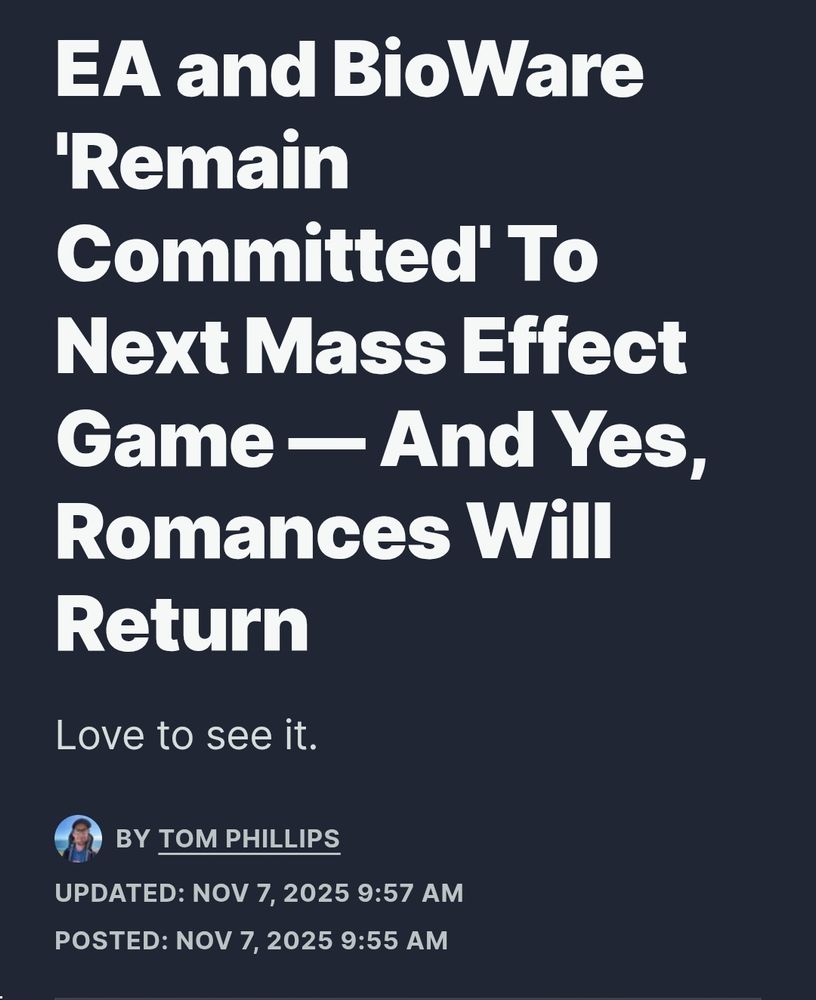 IGN headline saying "EA and Bioware remain committed to next mass effect game - and yes, romances will return". 