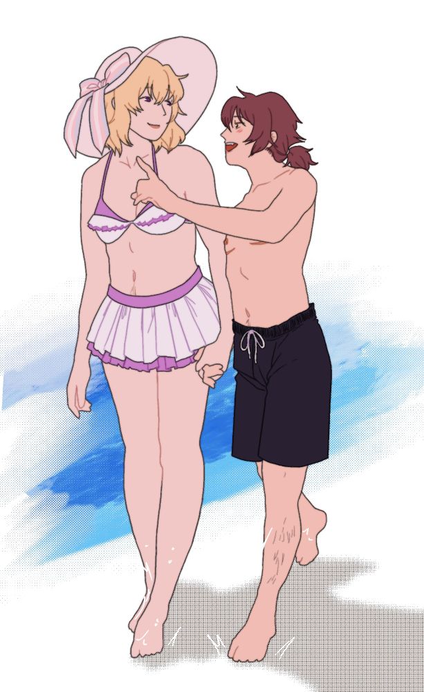 Transfem Maribel Hearn and transmasc Ren Usami walking together on a beach. Merry is wearing a white and purple skirt and bikini top with a sunhat that has a trans flag ribbon. Ren is wearing black trunks and has his hair in a short ponytail.
