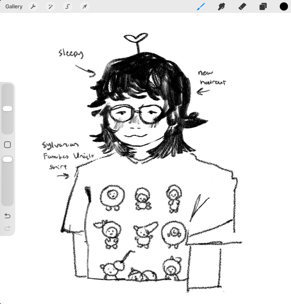 Procreate doodle of today’s shirt and new haircut! 