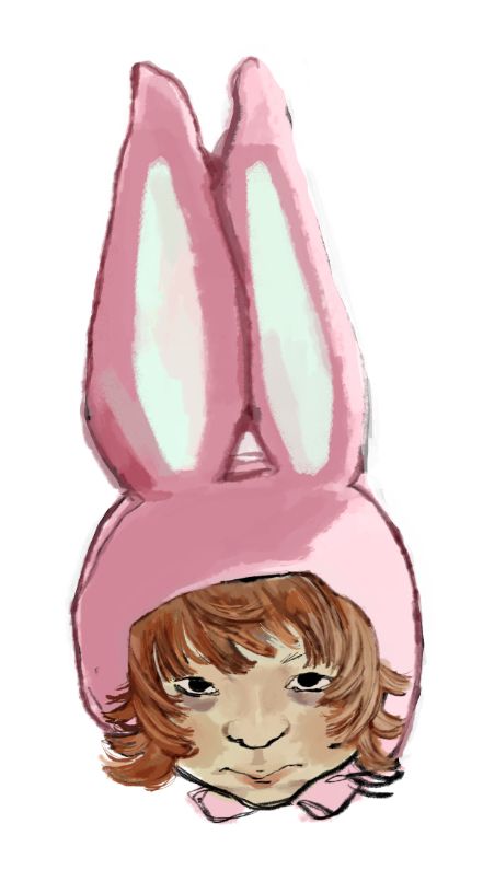 my oc in a bunny hat with a de-saturated palette
the background is white