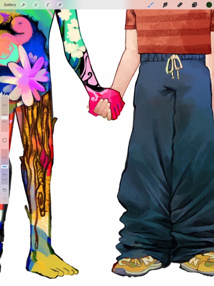An amorphous figure on the left and a person on the right, both holding hands