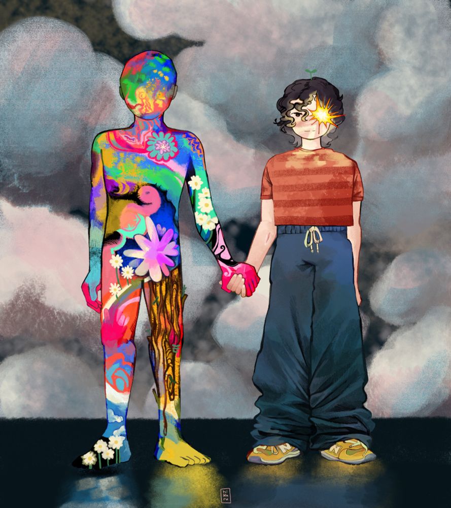 An amorphous figure on the left holding hands with me on the right.  I have a star covering my left eye.  Dusty clouds cover the background and the figures’ reflections glow faintly on the bottom. 