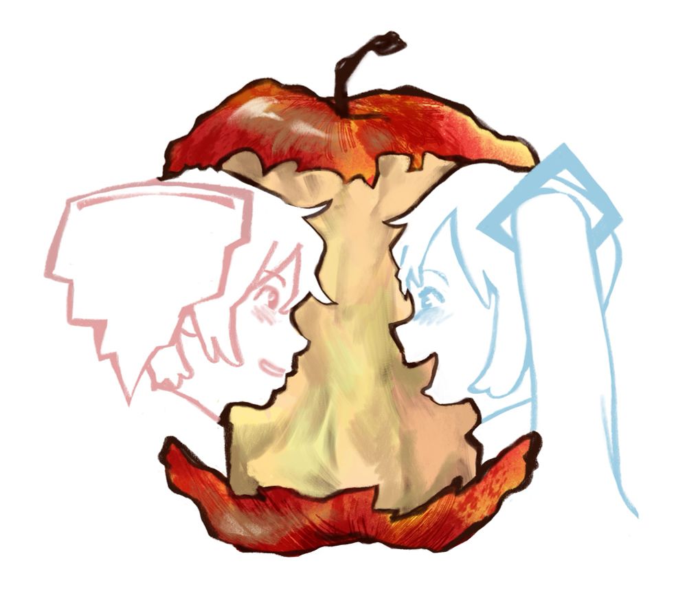 Side profiles of Kasane Teto and Hatsune Miku making the shape of an apple core in the middle