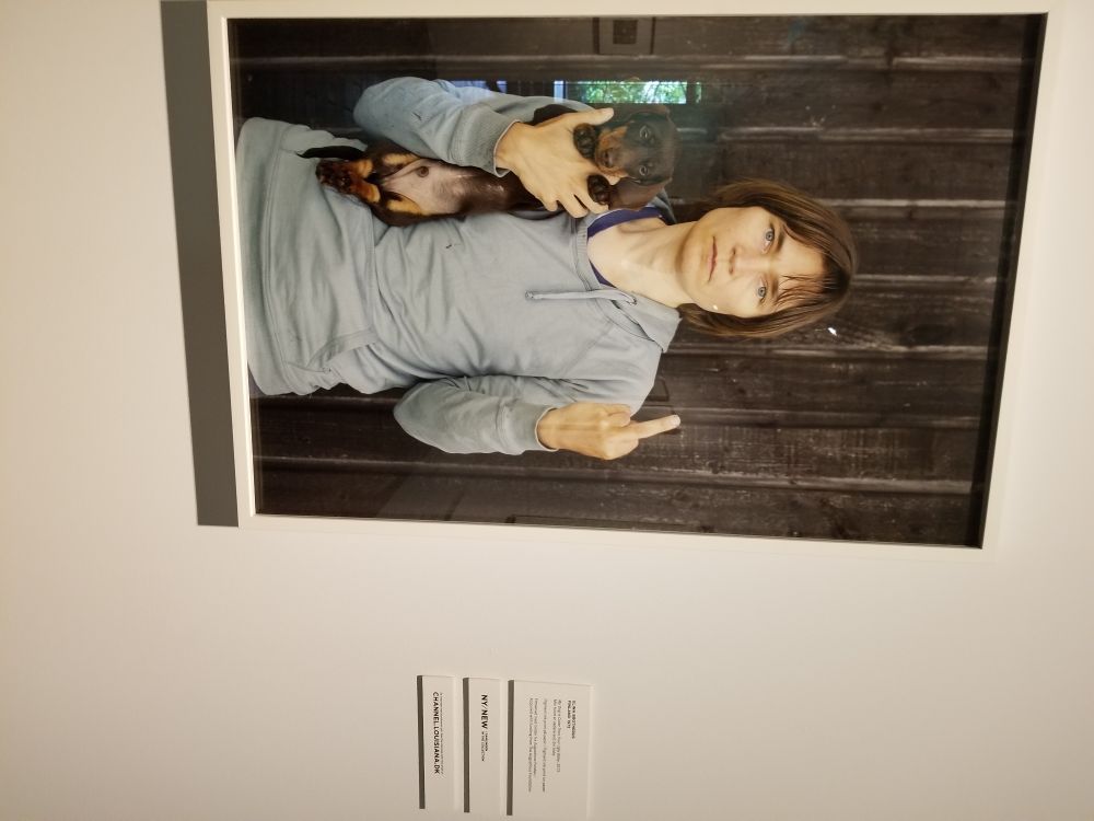 Photograph of a woman with short brown hair, a scowl on her face. She is holding a dachshund in her right arm. With her left hand, she is making a rude gesture that is called shooting a bird. It means F U. 😁