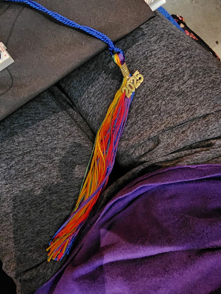 Rainbow colored tassel with a gold charm attached that says 2025