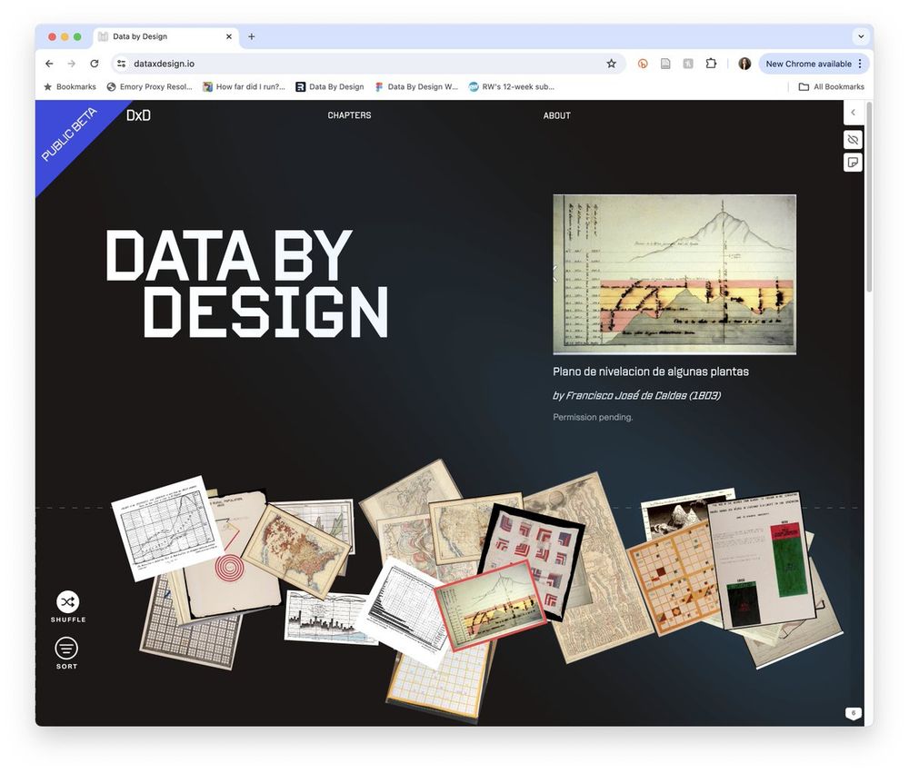 A screenshot of the front page of the Data by Design website, featuring a bunch of charts in a jumble and one, of a mountain and measurements by Francisco José de Caldas, featured at the top right.